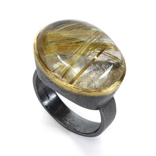 Rutilated Quartz Cabochon Ring by Liaung-Chung Yen | 22 Karat Yellow Gold and Oxidized Sterling Silver