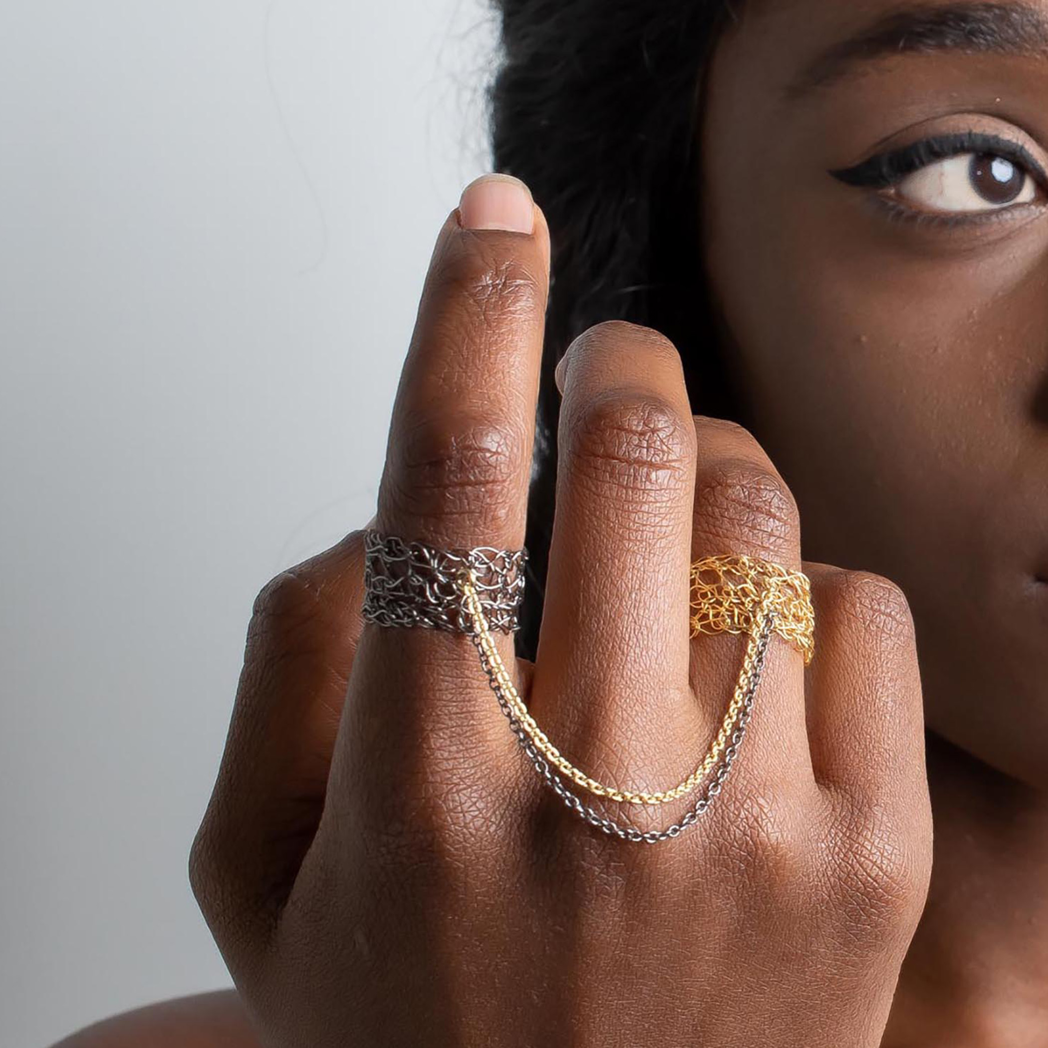 Yellow Gold and Black Rhodium Double Finger Bond Rings