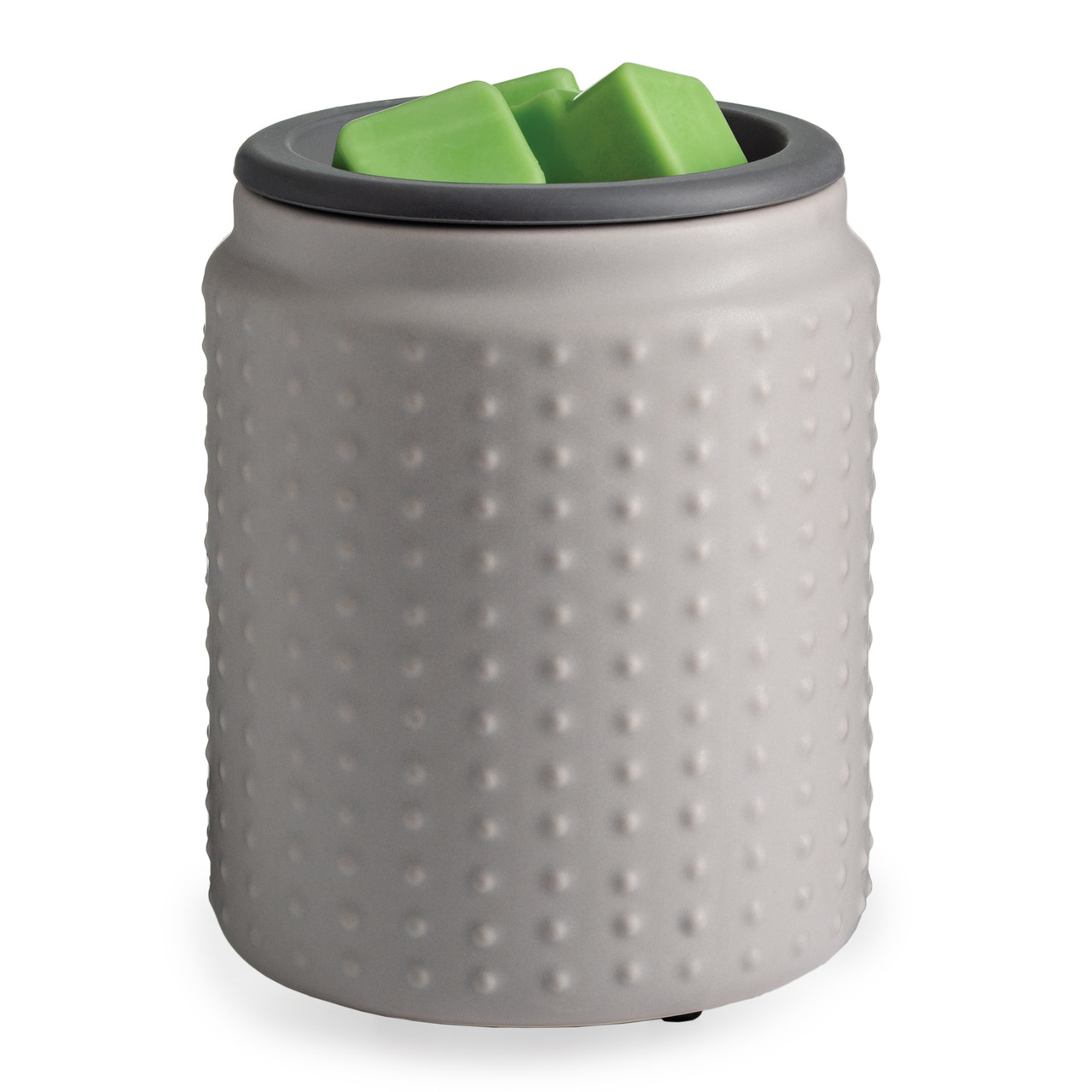 Gray Hobnail Wax Warmer with Removable Silicone Dish Gray Hobnail Flip Dish wax warmer with green wax cubes in its removable silicone dish