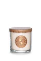 White soy eco candle with golden logo label and brown lid on a white background.