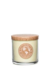 Light green soy candle with brown lid and Eco Candle logo label on a white background.
