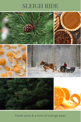 SLEIGH RIDE scent description: Fresh pine & a hint of orange peel.