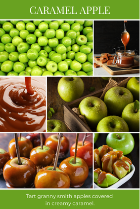 CARAMEL APPLE scent description: Tart granny smith apples dipped in creamy caramel.