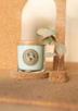 A light minty green soy candle sits atop a cork coaster next to a sprig of eucalyptus in a warmly lit setting.