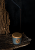 A dark setting with rough wood, tree bark, and smoking incense provide the perfect surroundings for a gray soy Eco candle scented with the classic Nag Champa aroma.
