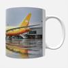 Front view of fictional yellow Court Line Boeing 787 Dreamliner ceramic mug