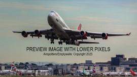 High-resolution aviation photograph of a Virgin Atlantic Boeing 747-400 rotation at London Gatwick (LGW), February 2018. Ideal for wallpapers and personal prints. Commercial licensing is available as an option.