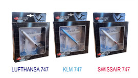 Aero Club “Jumbo Three” Boeing 747 toy model set for over-threes with Swissair, Lufthansa and KLM liveries