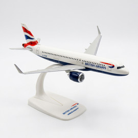 Front three-quarter view of the British Airways A320neo G-TTSF model, showing the fuselage titles, engine and display stand.