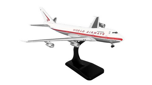 The Aviation 400 World Airways Boeing 747-100 (AV4742001) is a finely detailed diecast model of one of the most iconic wide-body aircraft operated by World Airways, a pioneering U.S. charter and cargo airline.