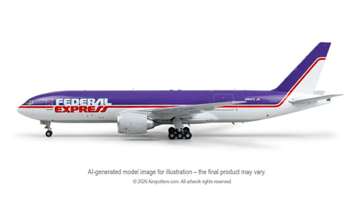 WB Models FedEx Federal Express Boeing 777-FS2 N884FD “Rosie” heritage-livery model in 1/200 scale, reference WB772884, with stand.