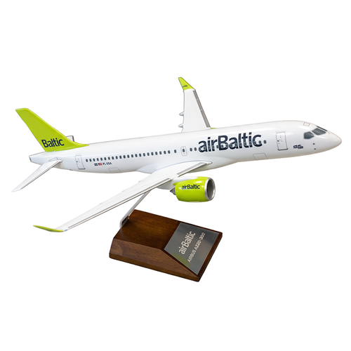Skymarks airBaltic Airbus CS300 YL-CSA 1/100 model with wooden display stand SKR5053