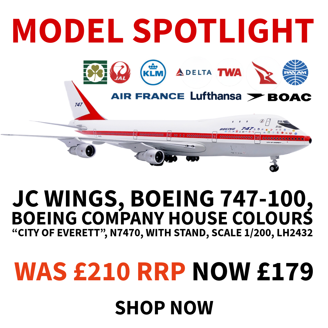JC Wings 1/200 Boeing 747-100 “City of Everett” N7470 Boeing house colors LH2432. Detailed diecast model of the original 747 prototype.