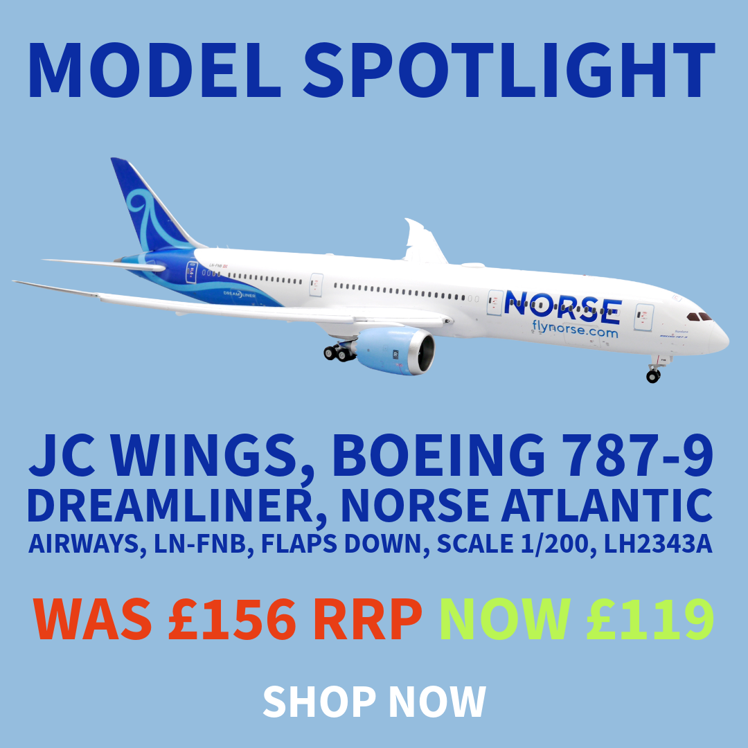 JC Wings 1/200 Boeing 787-9 Dreamliner Norse Atlantic Airways LN-FNB Flaps Down LH2343A. Detailed diecast model of the modern low-cost transatlantic carrier.