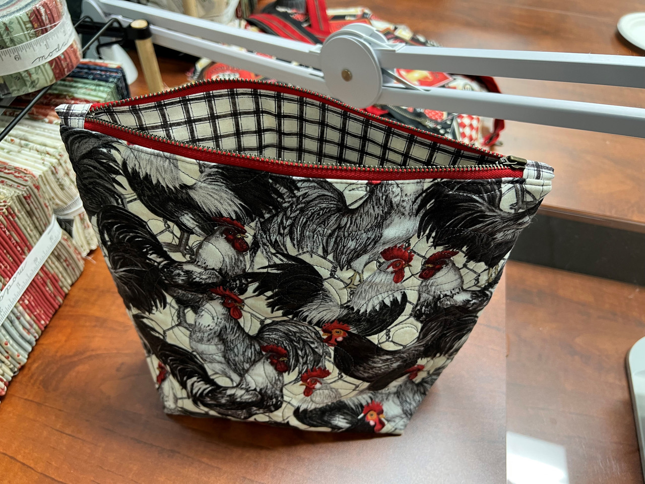 Quilted  Bag -Roosters (Black, Red & White) - Approximate Size 11x11"