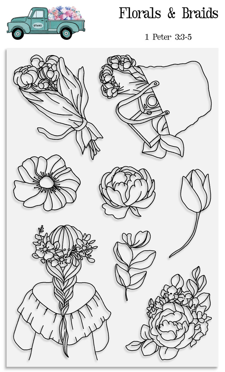 Florals and Braids - 8 Piece Stamp Set - 4x6 Stamp Set