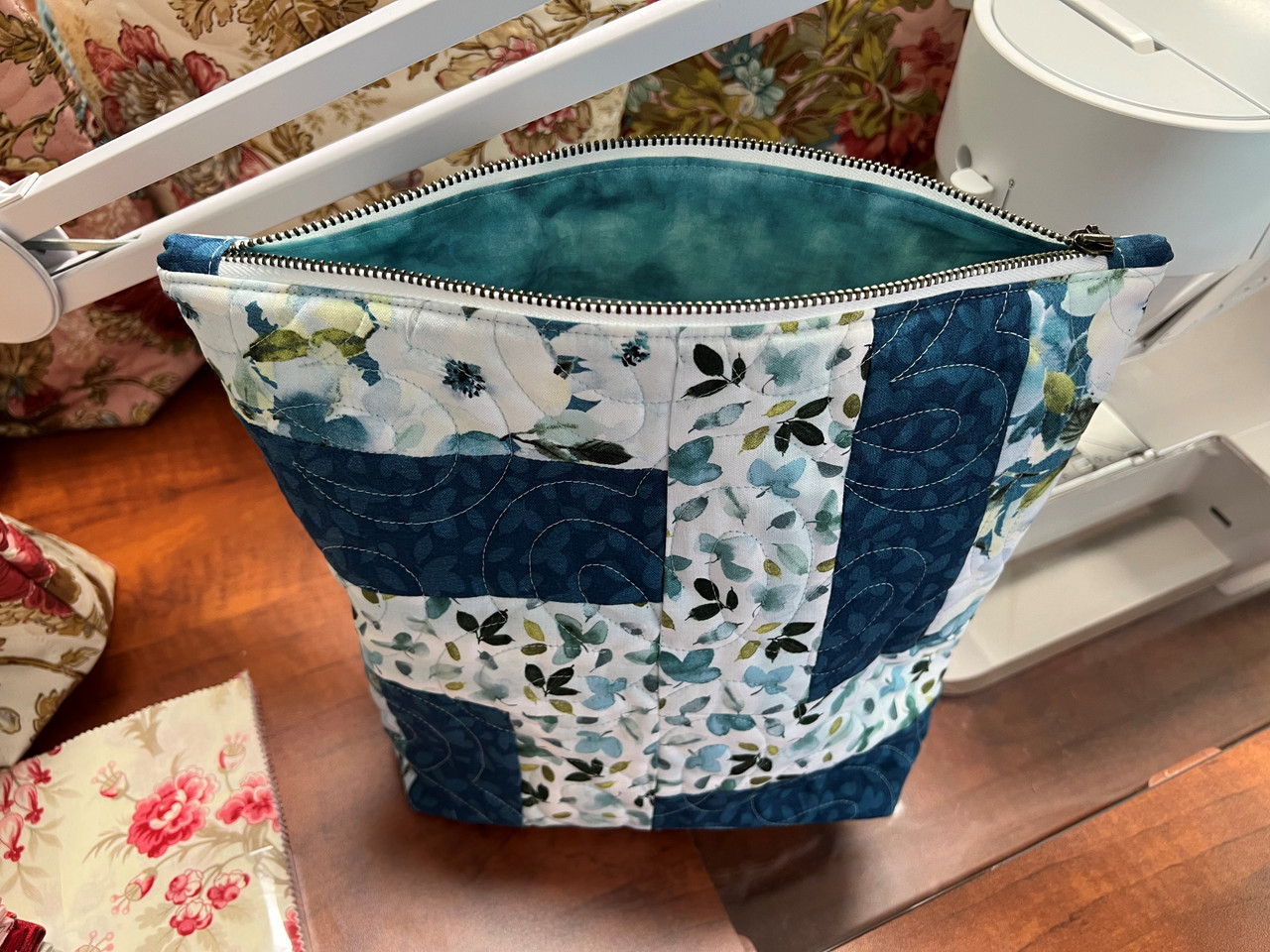  Quilted  Bag -Blue & Teal Floral/Leaf Pieced - Approximate Size 11" X 11"