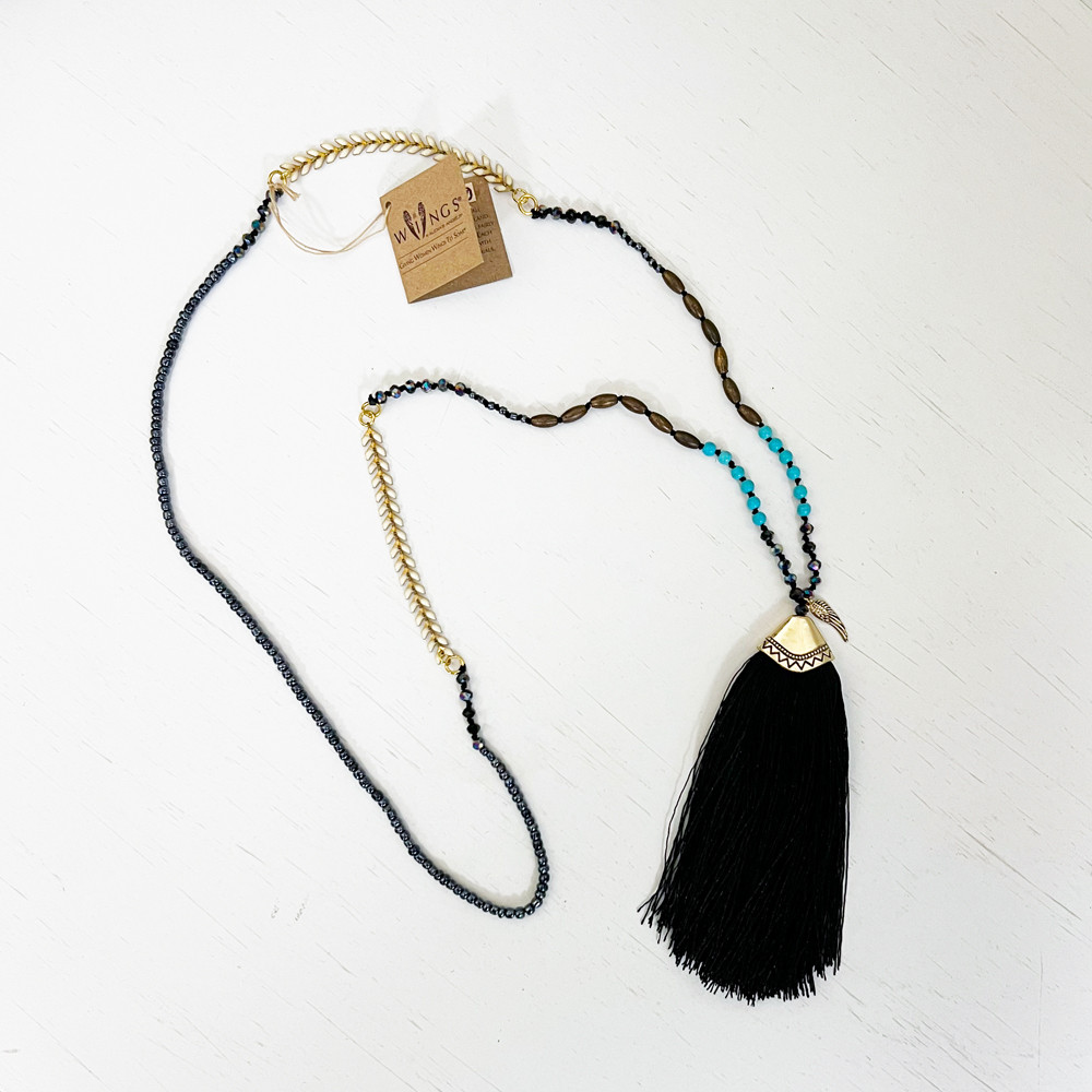 Beaded Tassel Necklace by Alexa's Angels - Black