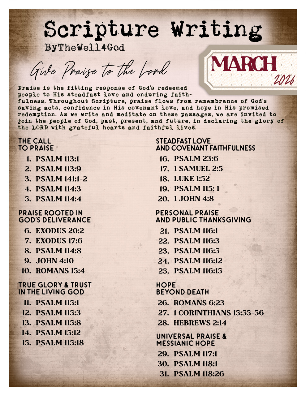 Scripture Writing Plan - Coordinates with "Give Praise to the Lord" - March 2026