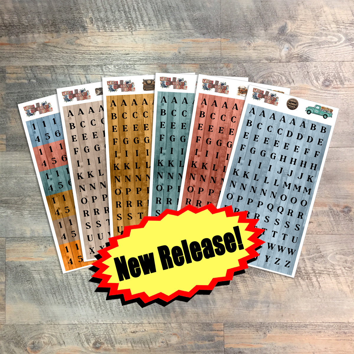 The Seven Deadly SIns - 5 Big Tile Clear Alpha Stickers  Plus 1 Sheet of Numbers- 6 Sheets Total 