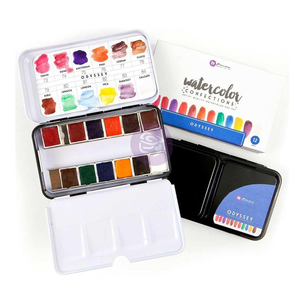 Odyssey - Prima Marketing Watercolor Paint Confections: 12-Color Half Pan Set in Metal Box - Bible Journaling Supplies