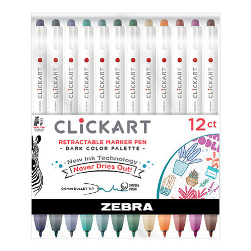 ClickArt Retractable Marker - Dark Color Palette 12 Pen Set - Zebra