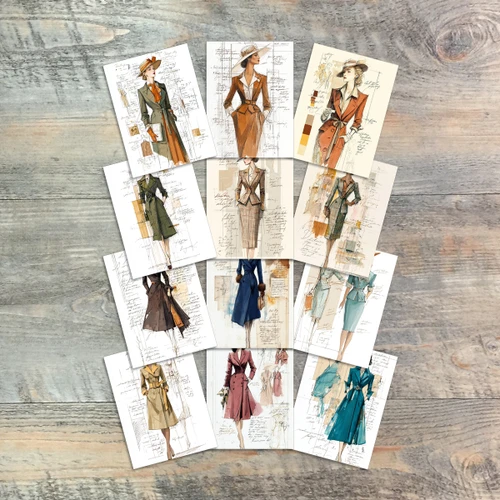 Vinage Fashion Sketches Journaling Cards - Enough For Today - 12 Unique-3x4 Journaling Cards