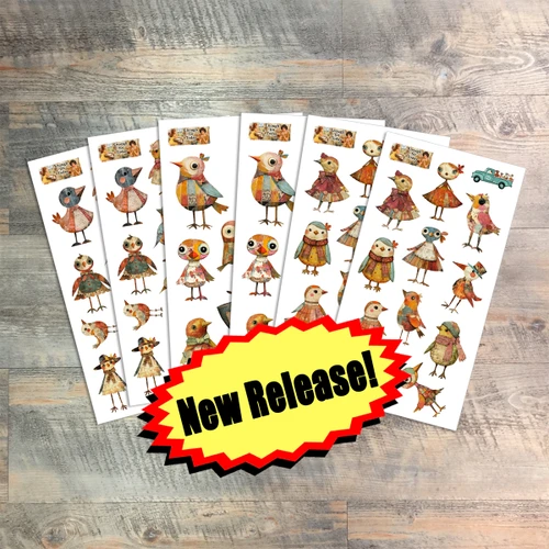 Enough For Today- Autumn Collage Birds Clear Alpha Stickers - 6 Sheets Total 