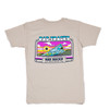 Red rocks cassette tape logo on the back with rock formation. Hues of pink, light blue, and green
