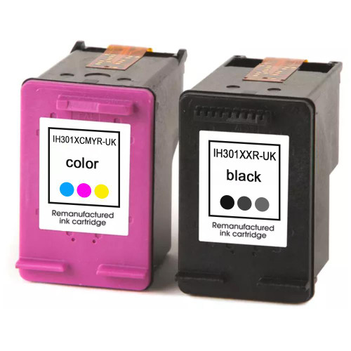 Set of 2 Remanufactured 301XL Ink Cartridges replacements for HP Printers - Black & Tri-Colour - Replace CH564EE & CH563EE
