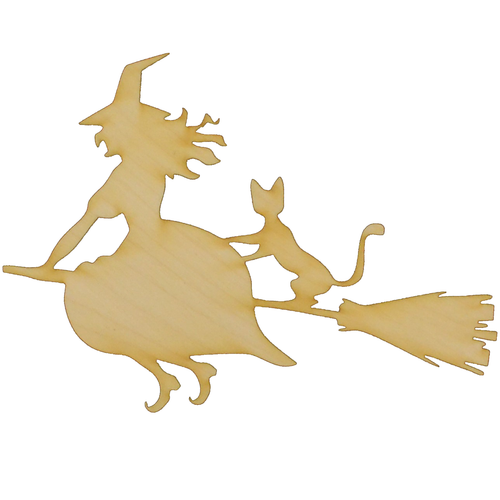 Witch and cat riding a broom wooden cutout.
