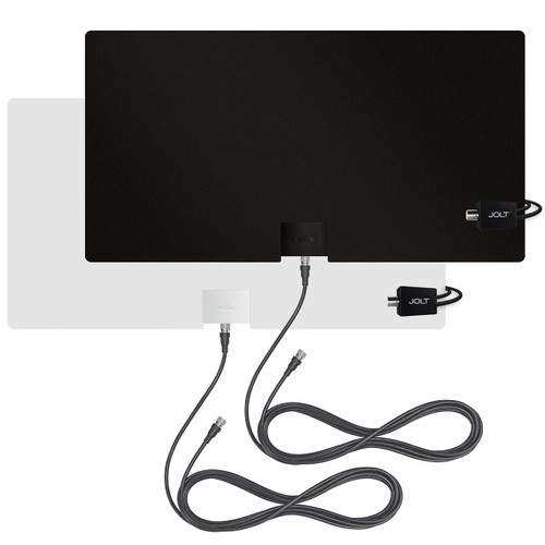 mohu leaf ultimate 65 antenna 2pk showing the black side and the white side of the TV antenna with the included cables and Jolt amplifiers