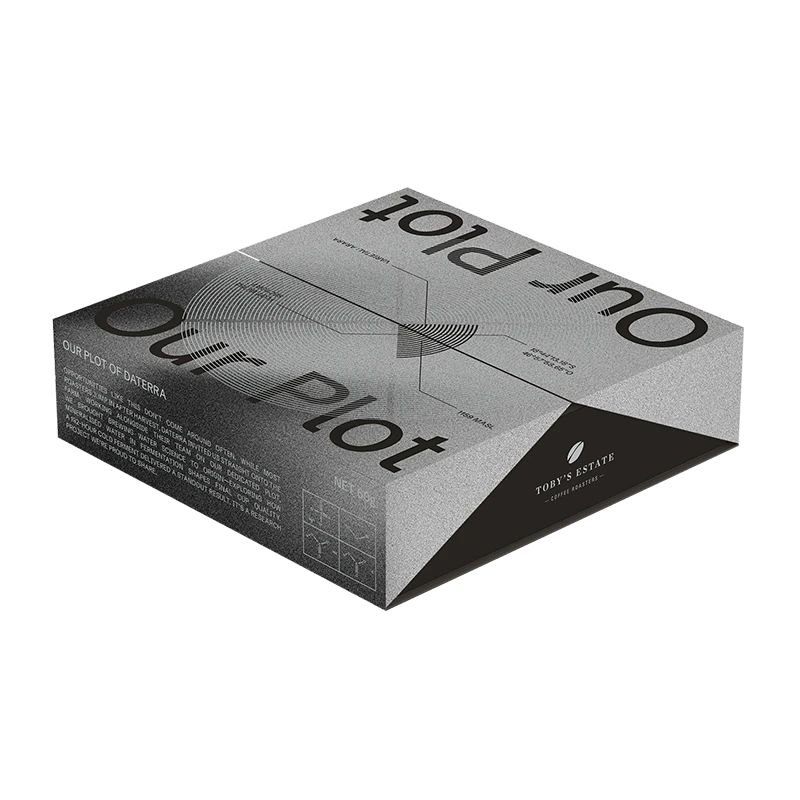 The Our Plot box: a dark rigid box printed with the ring mark and a topographic pattern