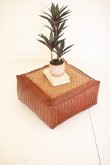 Pouf - Leather and Woven Cane