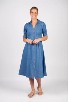 Vassalli Cap Sleeve Shaped Waist Button Up Dress with Pockets
