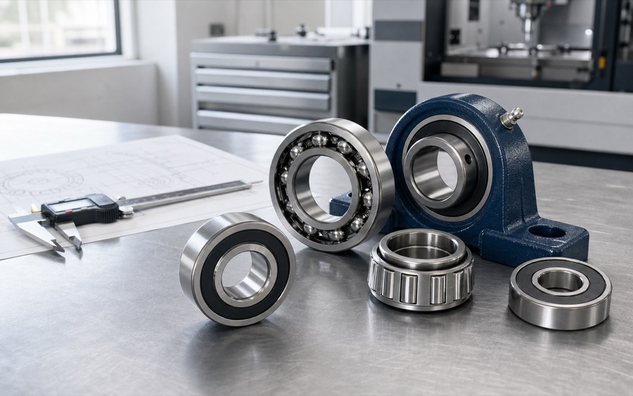 Ball, tapered roller, and mounted bearings on a clean machine-shop workbench