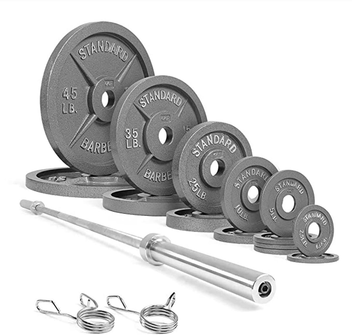 Olympic Weight Plates Set with 7 ft. Barbell & Spring Clips