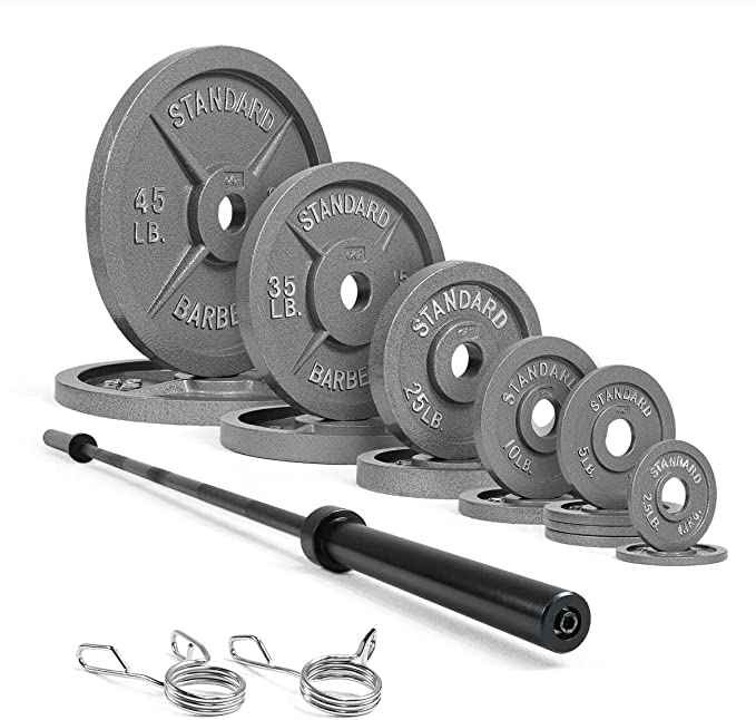 290lb Olympic Weight Plates Set with 7 ft. Olympic Black Barbell & Spring Clips