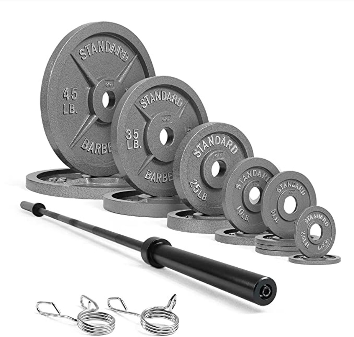 Olympic Weight Plates Set with Black Barbell & Spring Clips