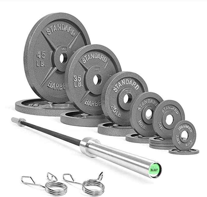 300lb Olympic Weight Plates Set with 7 ft. Olympic Barbell & Spring Clips