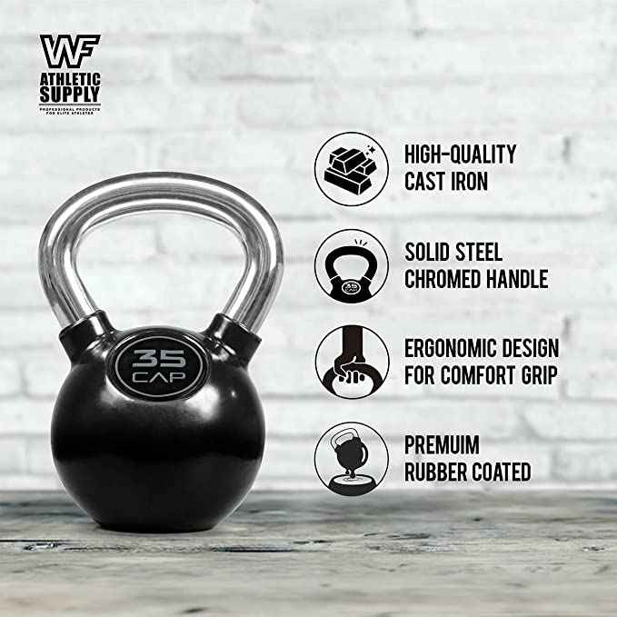 CAP Barbell Color Rubber Coated Kettlebell with Chrome Handle, Great for Full Body Workout and Strength Training, 10, 15, 20, 25, 30, 35lb Kettlebell only & 100, 125, 135lb Set with Rack