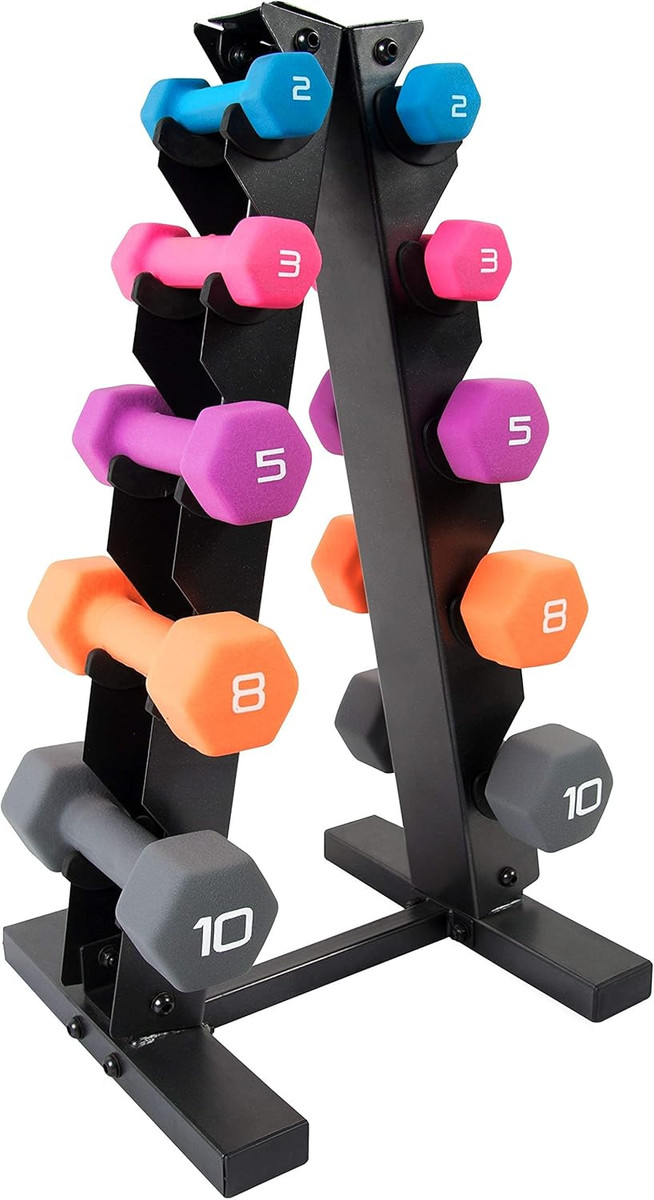 2 to 10 LB Neoprene Hex Dumbbell Set with A-Frame Rack