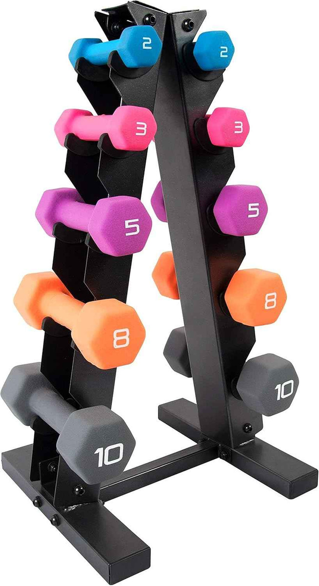 2 to 10 LB Neoprene Hex Dumbbell Set with A-Frame Rack