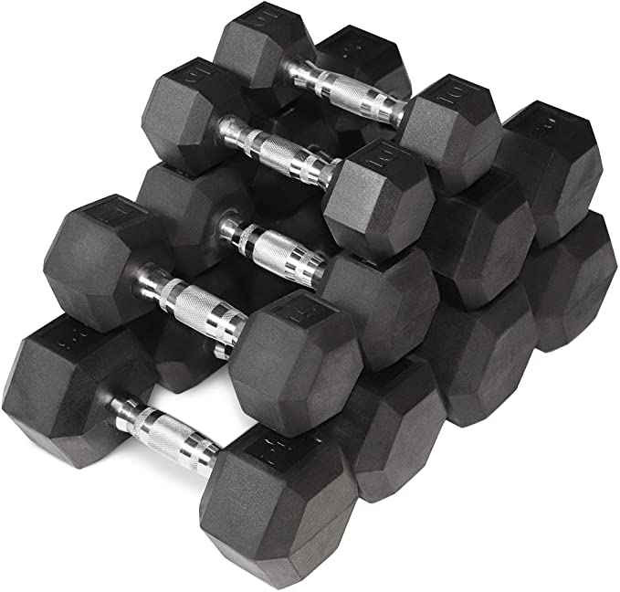 CAP Barbell 5-25Lb Contour Handle Rubber Coated Hex Dumbbell Set with A Frame Storage Rack Non-Slip Hex Shape for Muscle Toning, Strength Building & Weight Loss - Multiple Choices Available