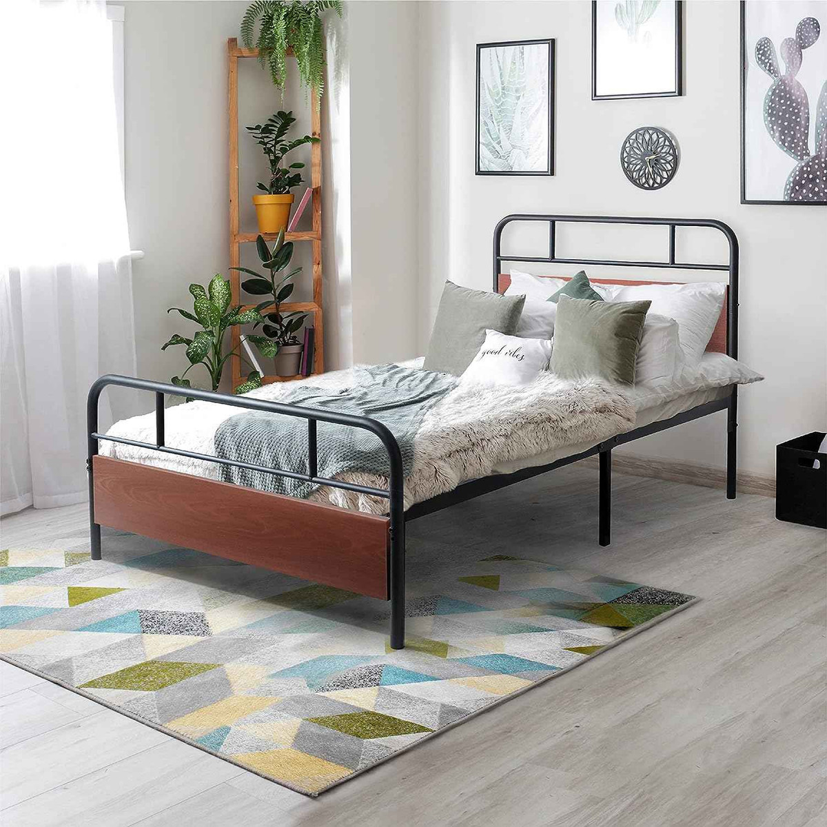 Metal Bed Frame with Wooden Headboard and Footboard