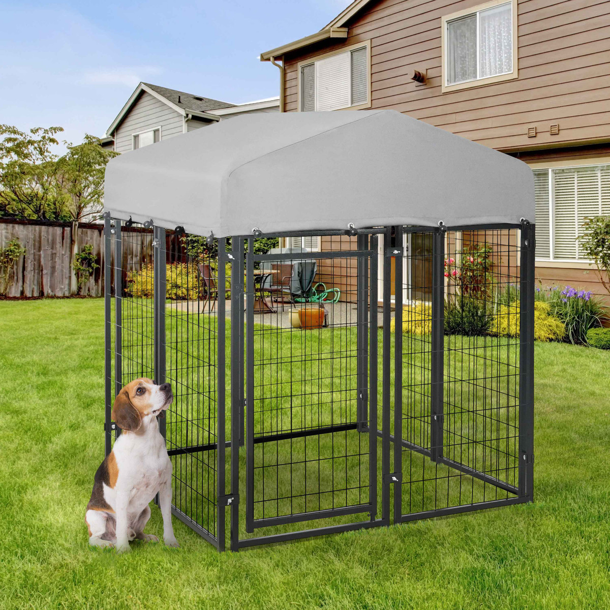 Heavy Duty Outdoor Dog Kennel w/Removable Grey Canopy Roof, Multiple Sizes