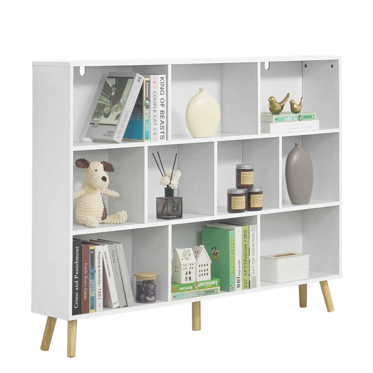 55” Wide Wooden Cube Storage Organizer with Legs, 10 Cube 3 Tier Mid Century Bookshelf