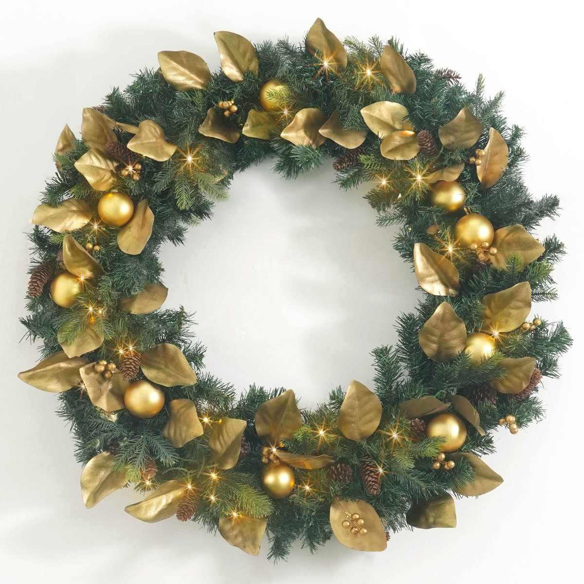 Lighted Christmas Magnolia & Eucalyptus Wreath, Pre-lit Artificial Door Wreath for Xmas
