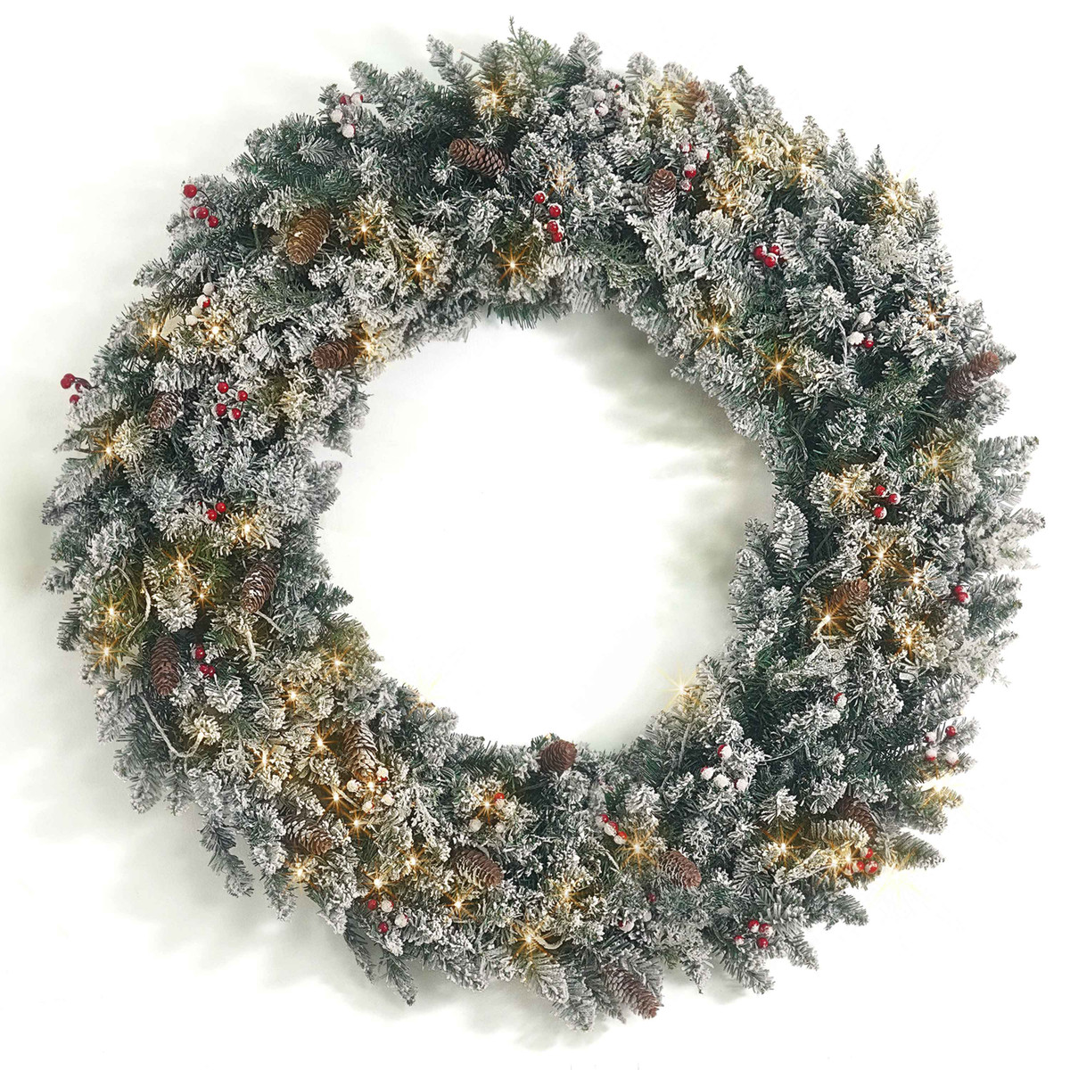 Lighted Christmas Frosted Pine & Berries Wreath, Pre-lit Artificial Door Wreath for Xmas