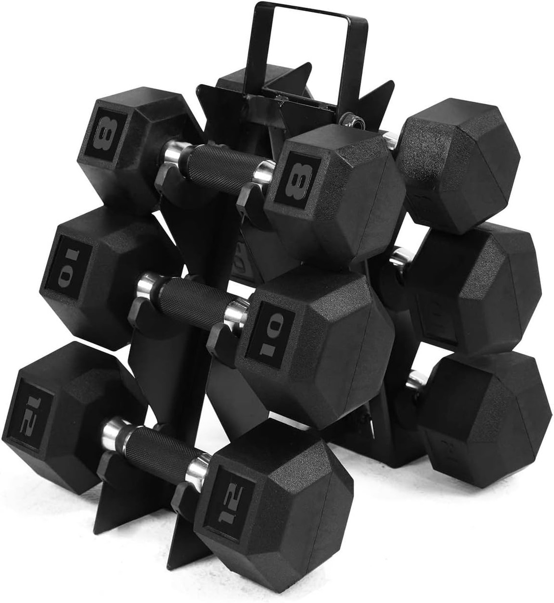 8, 10, 12 LB Rubber-Coated Hex Dumbbell Set with Non-Slip Grip Handle, Dumbbells Only or with Rack 8, 10, 12 LB Rubber-Coated Hex Dumbbell Set with Non-Slip Grip Handle, Dumbbells Only or with Rack